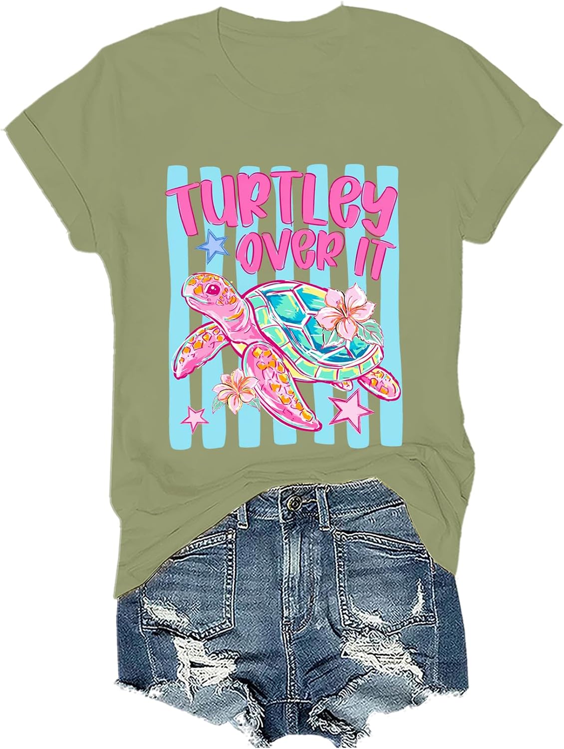 Turtley Over It Shirt Turtley Over It Turtle Tshirt Funny Sea Turtle Ocean Summer Vibes Floral T-Shirt - Crewneck Green-1
