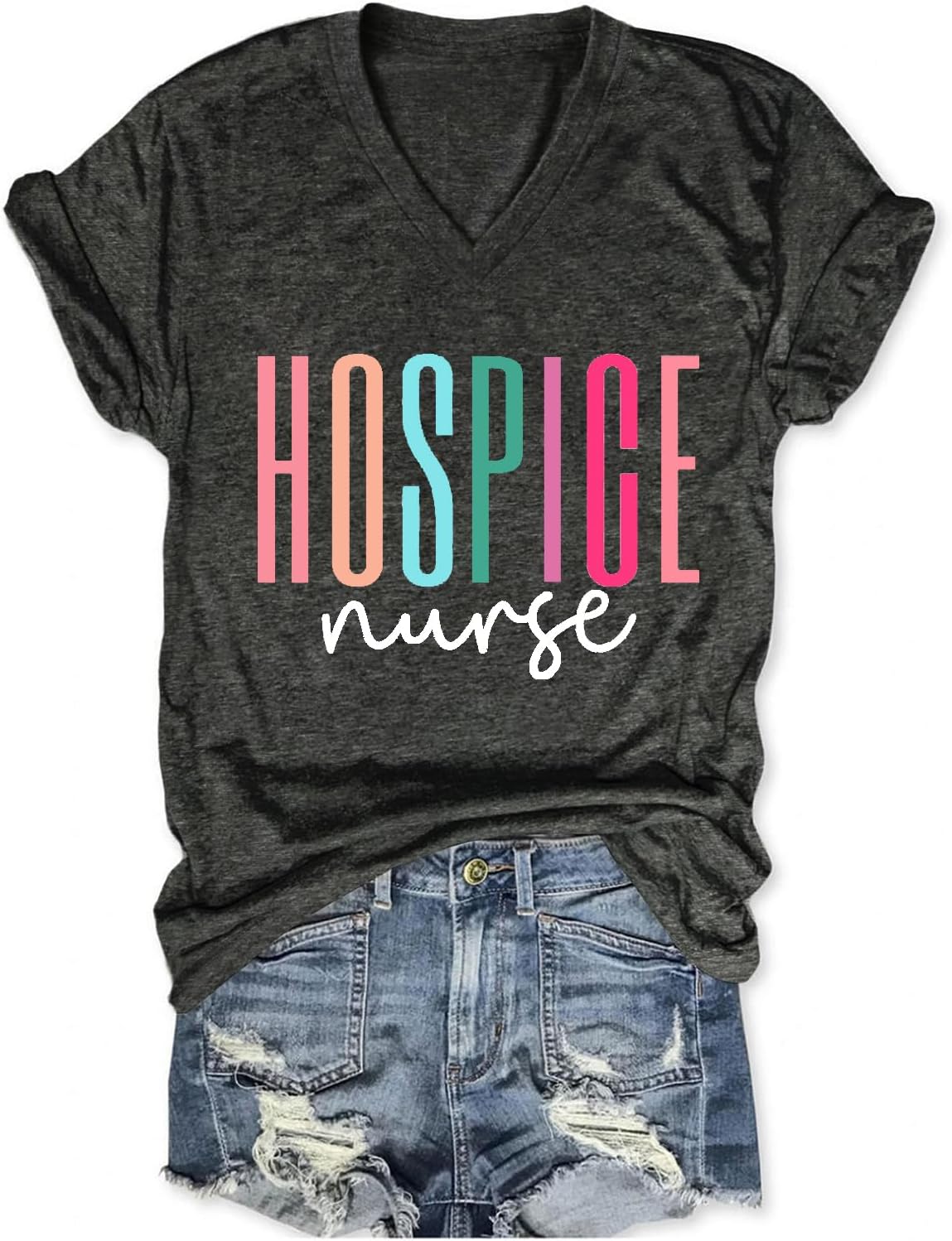 Hospice Nurse T Shirts for Women, Nurse Life Letter Print Tops Casual V Neck Tees Loose Fit Short Sleeve Tshirts - Grey