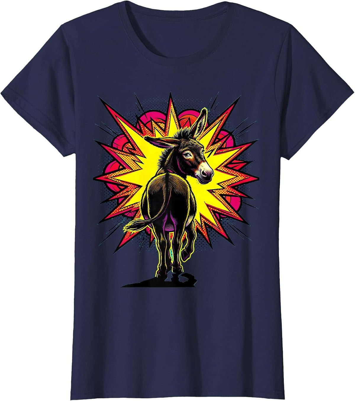 Women's Smirking Donkey Walking Away From Explosion T-Shirt - Navy Blue