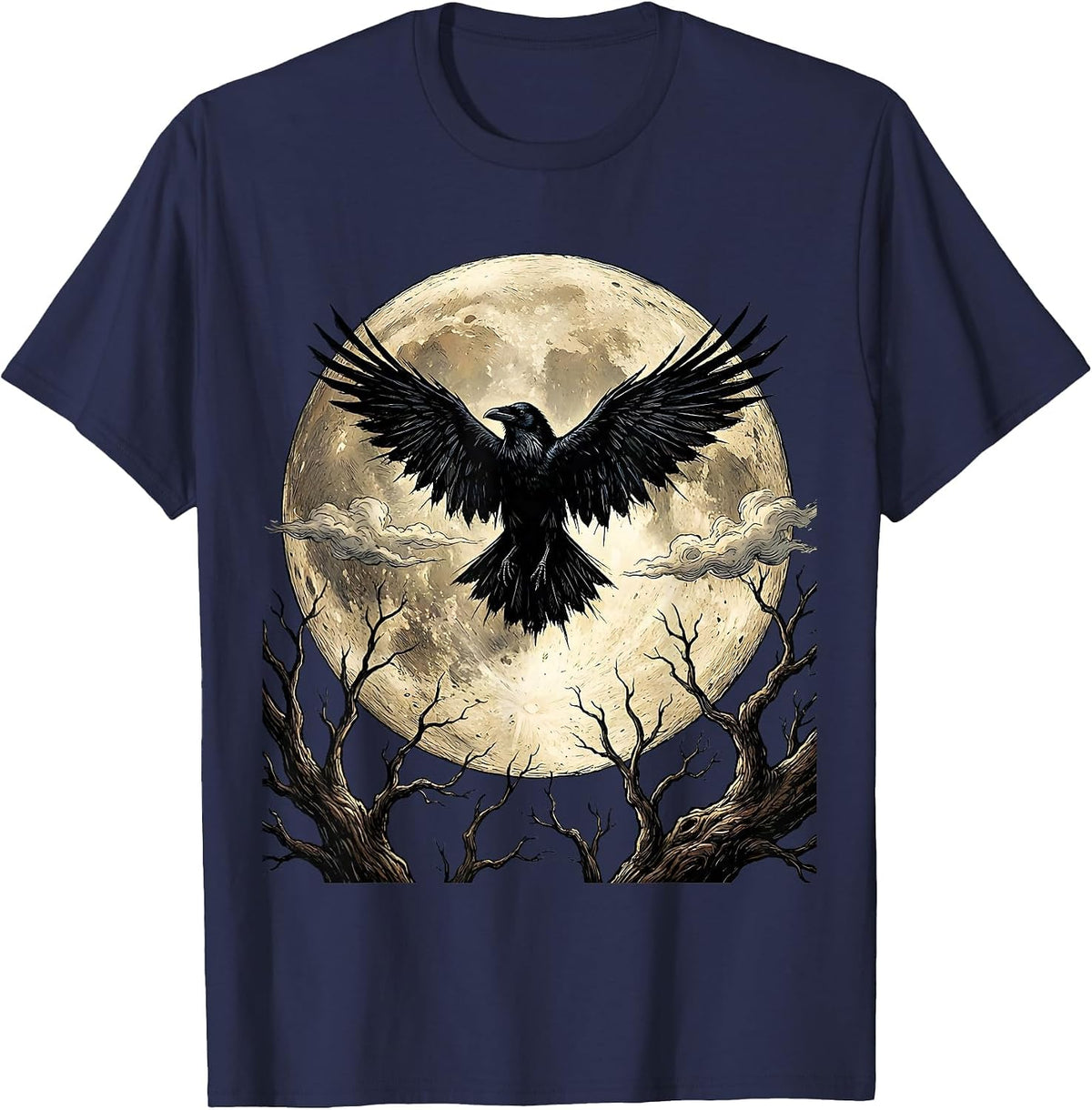 Men's Raven Silhouette Full Moon Edgar Allan Poe T-Shirt - Navy Blue