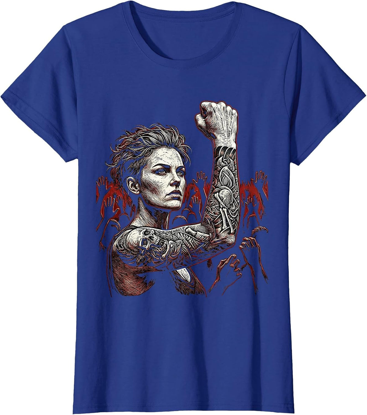 Women's Grunge Tattooed Fist Raise Crowd Illustration T-Shirt - Royal Blue