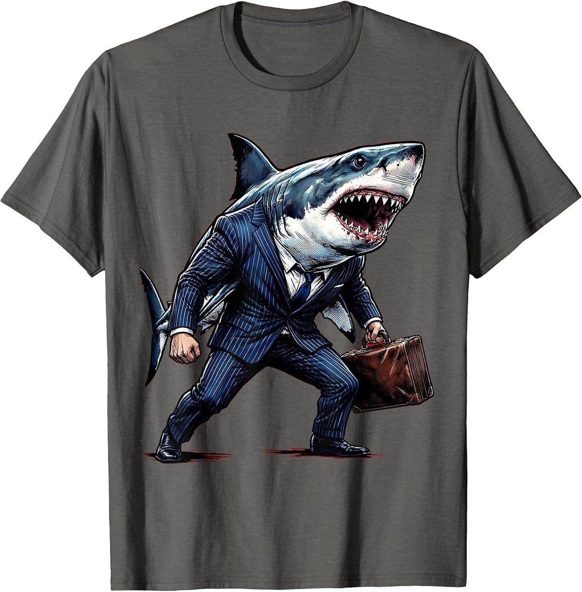 Shark in Business Suit Briefcase Funny Office T-Shirt - Asphalt Grey