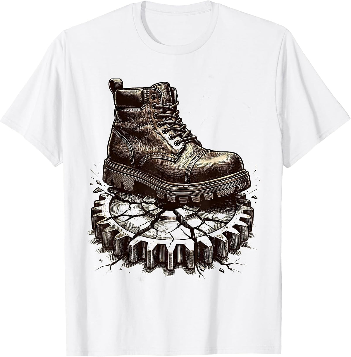 Men's Mechanic Boot Crushing Broken Gear Graphic T-Shirt - White