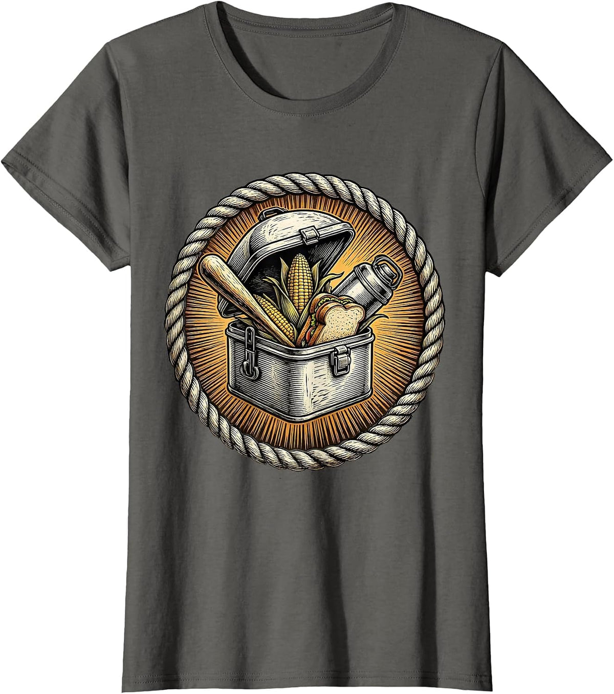 Women's Labor Day Vintage Lunchbox Overflowing Food Graphic T-Shirt - Asphalt Grey