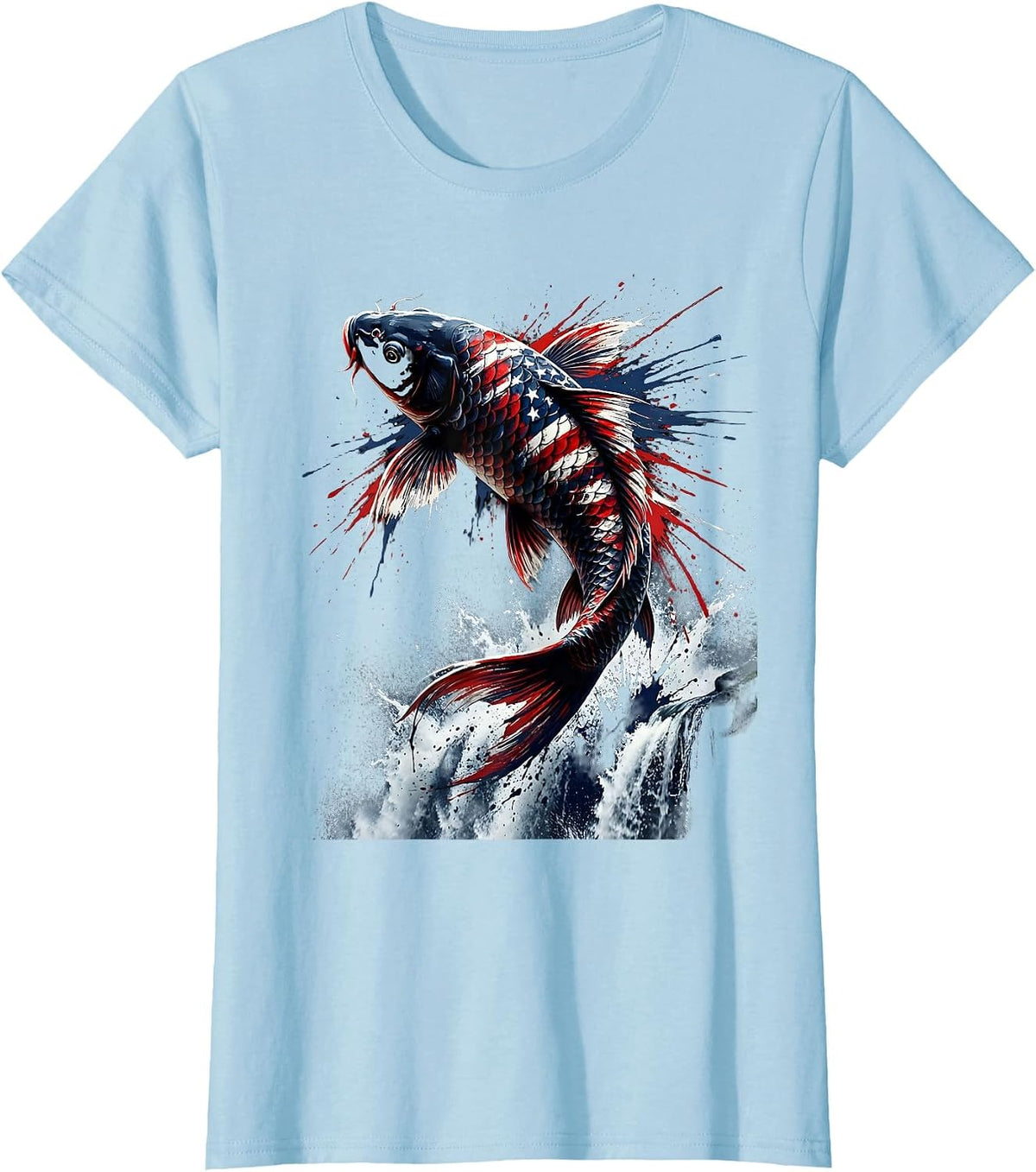 Women's Koi Fish Leaping Waterfall Nature Illustration T-Shirt - Baby Blue
