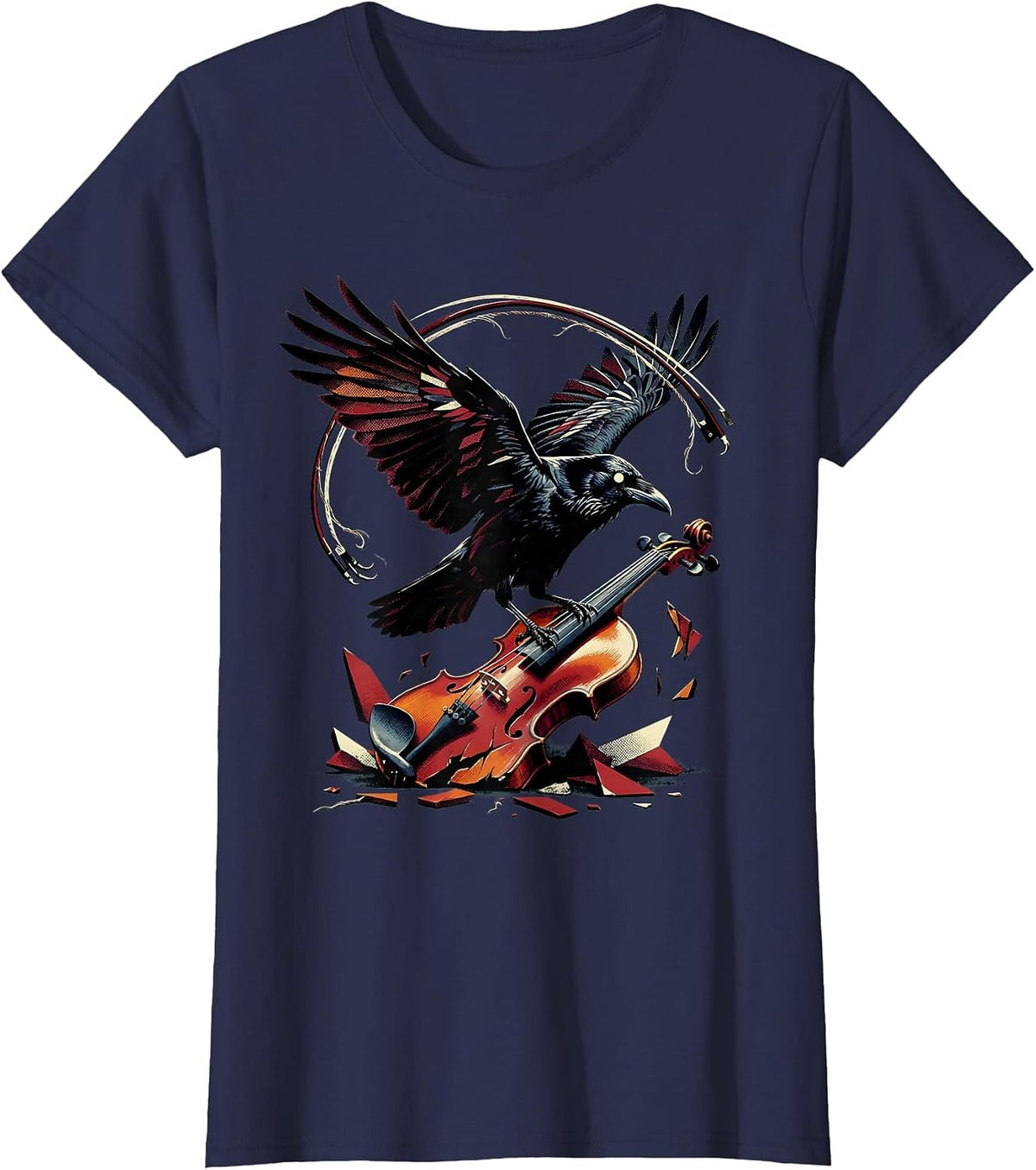 Women's Raven on Broken Violin Strings Graphic T-Shirt - Navy Blue