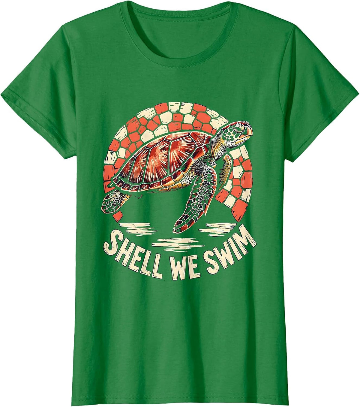 Women's Shell We Swim Linocut Sea Turtle Ocean Animal Lover Tropical T-Shirt - Kelly Green