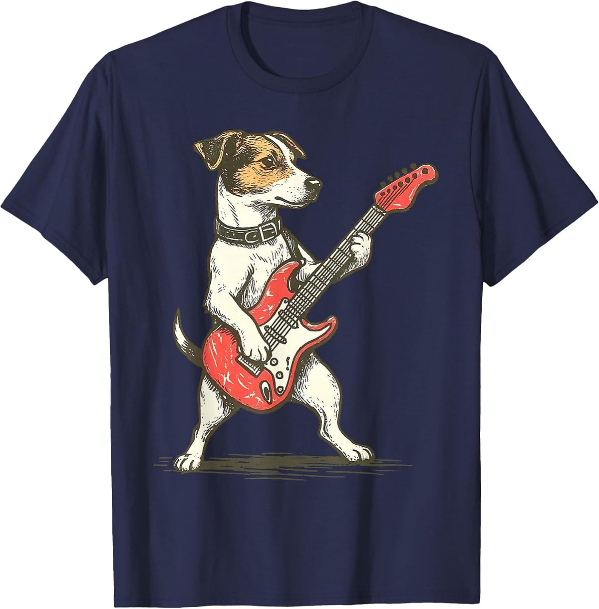 Jack Russell Terrier Dog Playing Guitar Rocker Guitarist T-Shirt - Navy Blue
