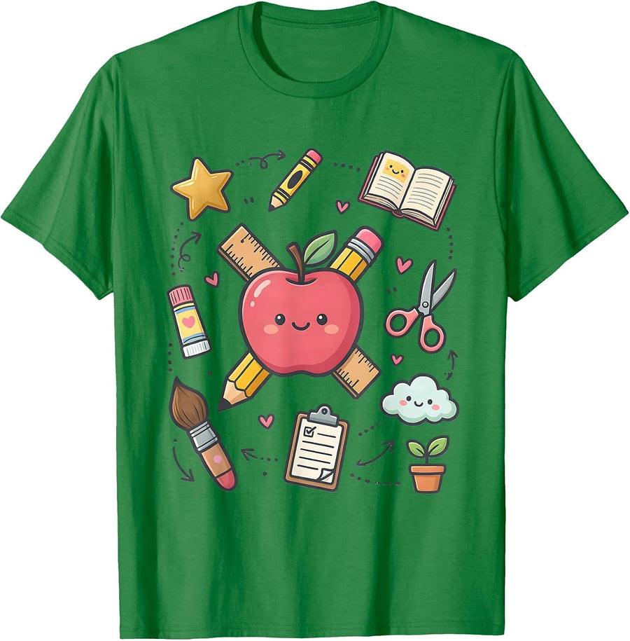 Men's Preschool Teacher Apple Ruler Pencil Graphic T-Shirt - Kelly Green