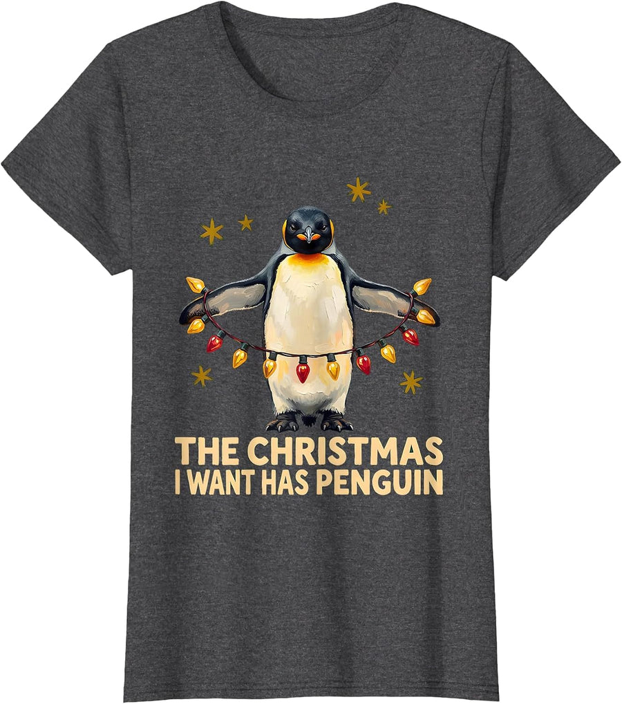 Women's The Christmas I Want Has Penguin Funny Penguin Lover T-Shirt - Dark Heather Grey