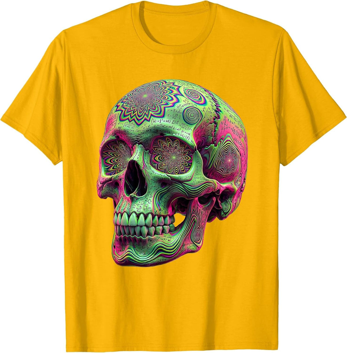 Skull Mathematical Formulas Engraved Art Design T-Shirt - Golden Yellow