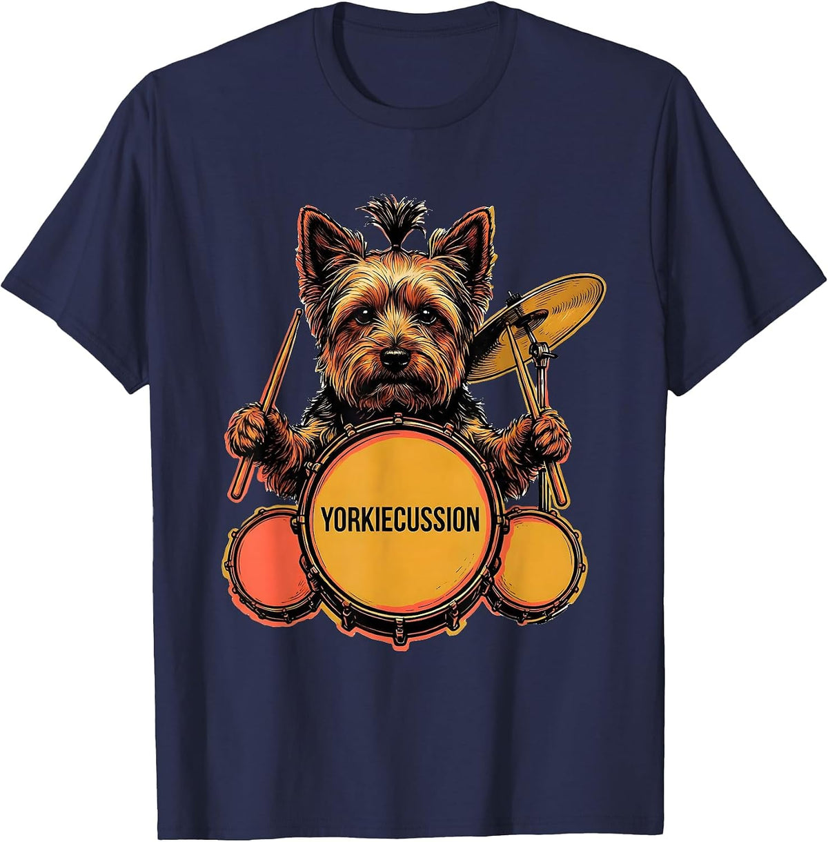 Men's Yorkiecussion Funny Yorkshire Terrier Drummer Pet Owner Rock T-Shirt - Navy Blue