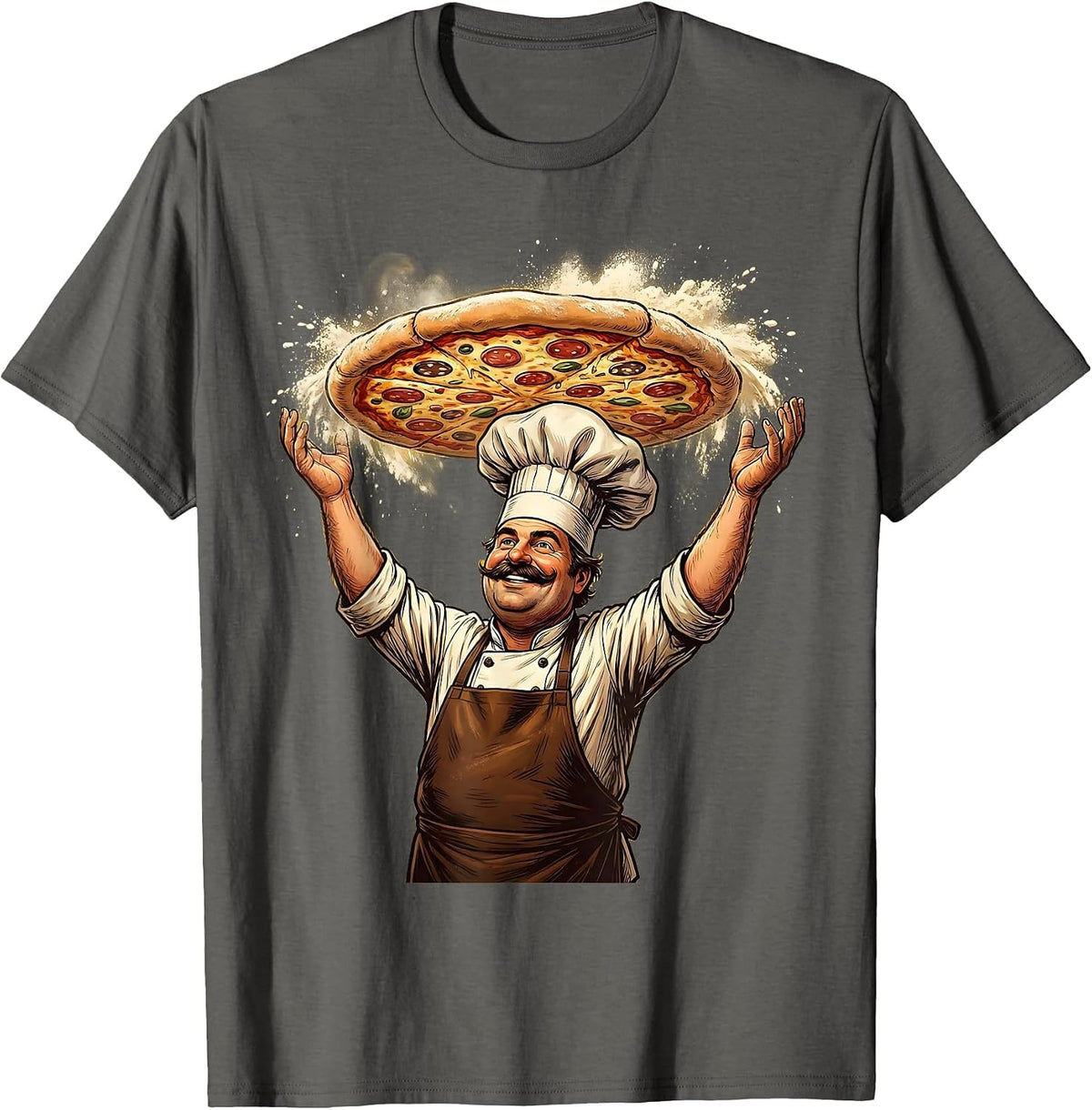 Italian Chef Pizza Dough Toss Illustration T-Shirt - Asphalt Grey