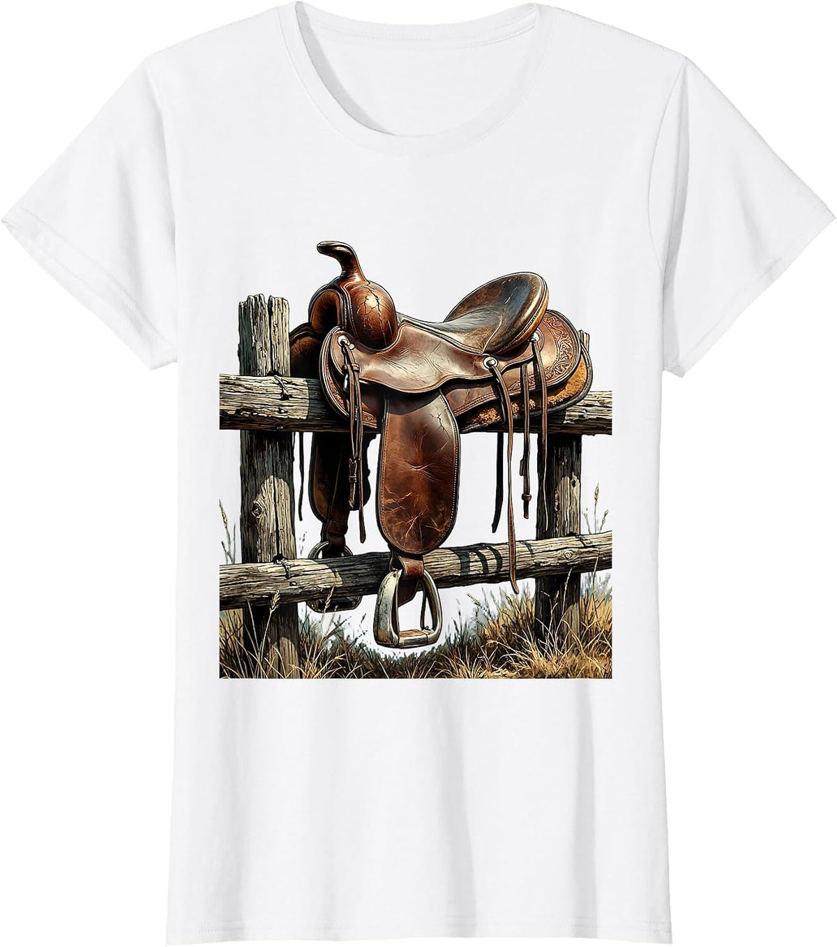 Saddle on Split-Rail Fence Country Western Design T-Shirt - White