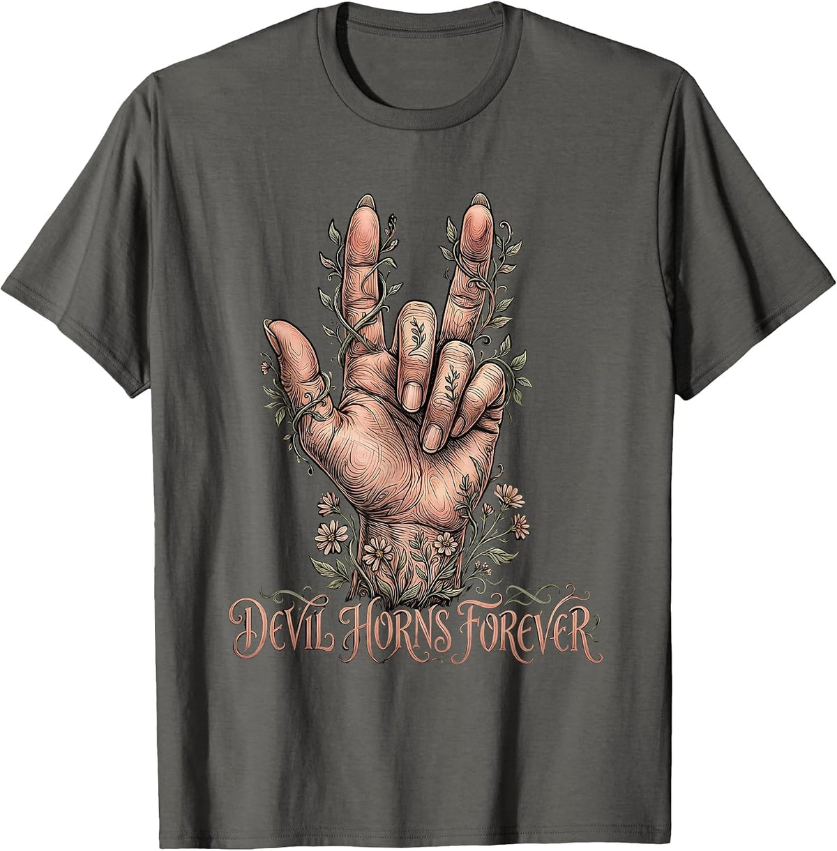 Devil Horns Forever Heavy Metal Design T-Shirt - Asphalt Grey