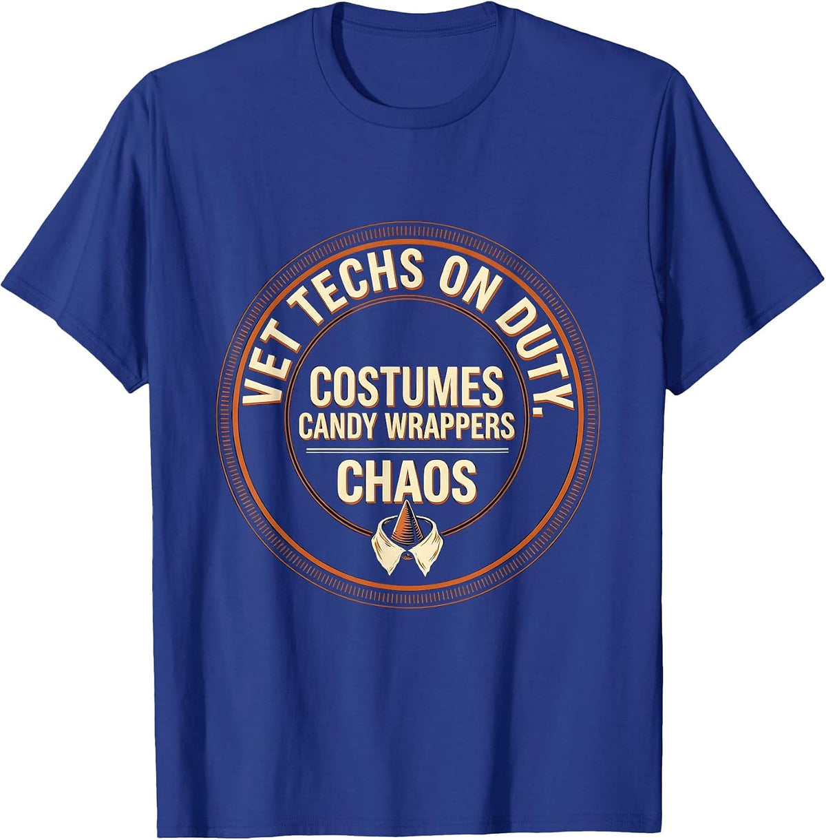 Men's Vet Techs On Duty: Costumes, Candy Wrappers, Chaos Humor T-Shirt - Royal Blue