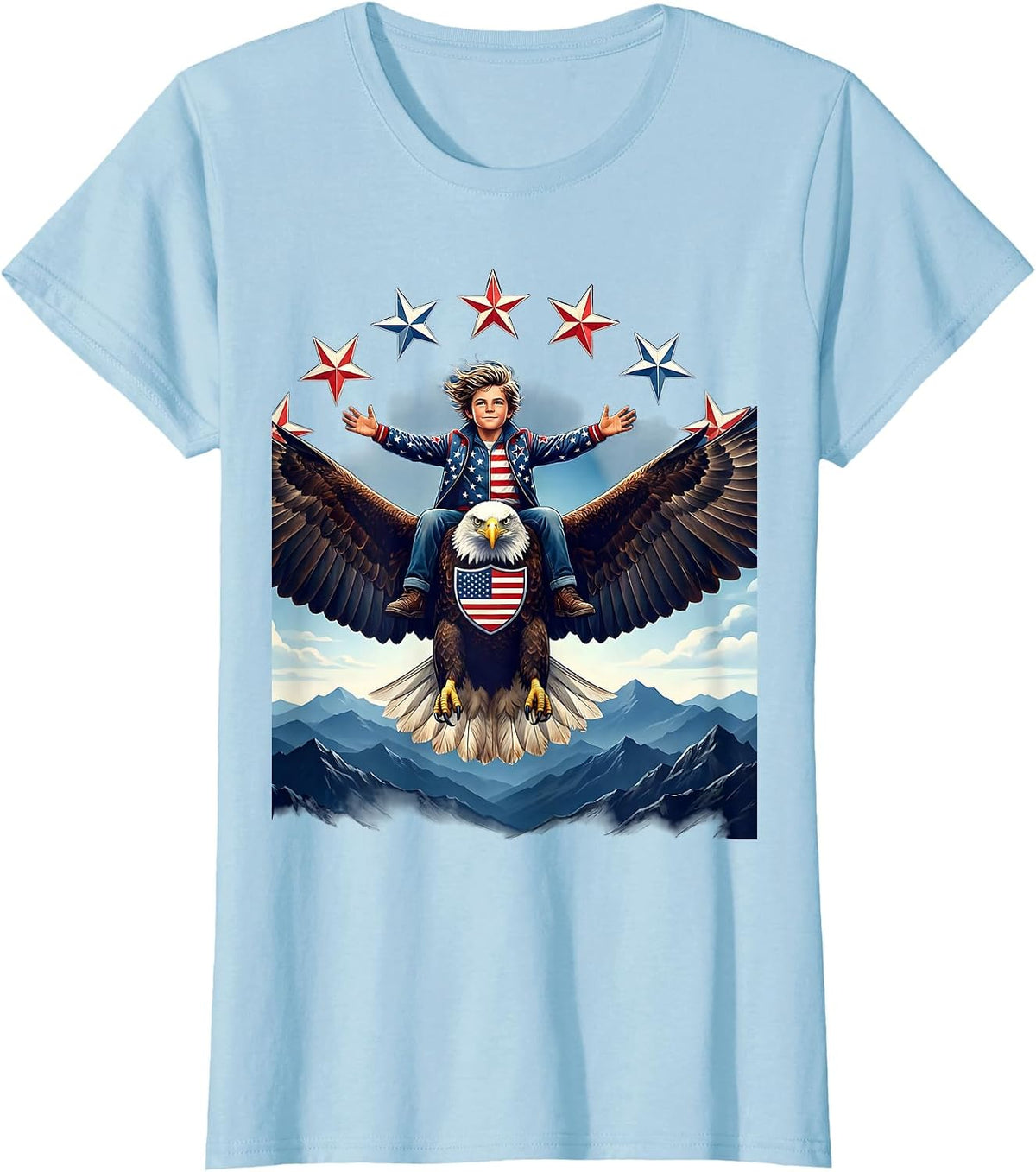 Women's American Flag Bald Eagle Mountain Rider Design T-Shirt - Baby Blue