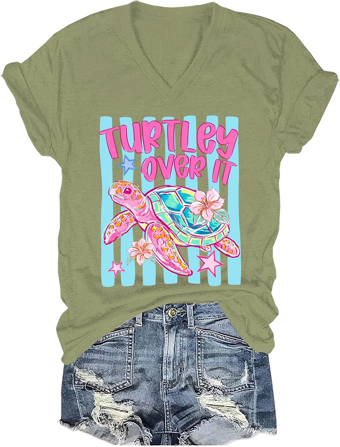 Turtley Over It Shirt Turtley Over It Turtle Tshirt Funny Sea Turtle Ocean Summer Vibes Floral T-Shirt - V-Neck Olive Green