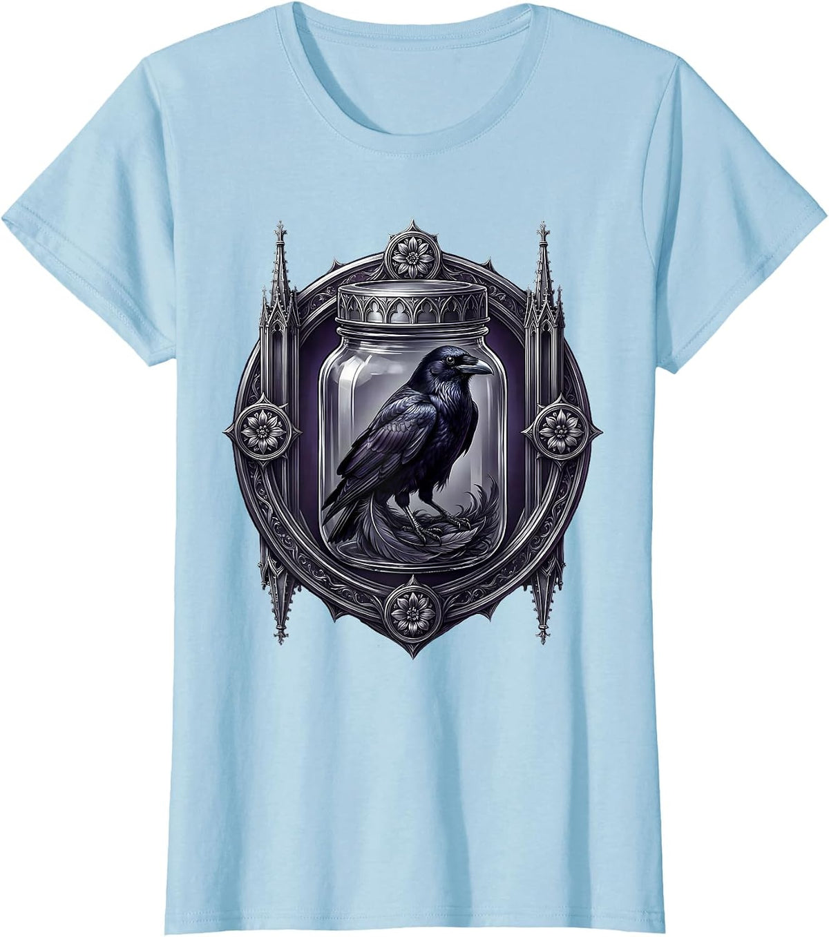 Women's Raven in a Mason Jar Gothic Nature Illustration T-Shirt - Baby Blue