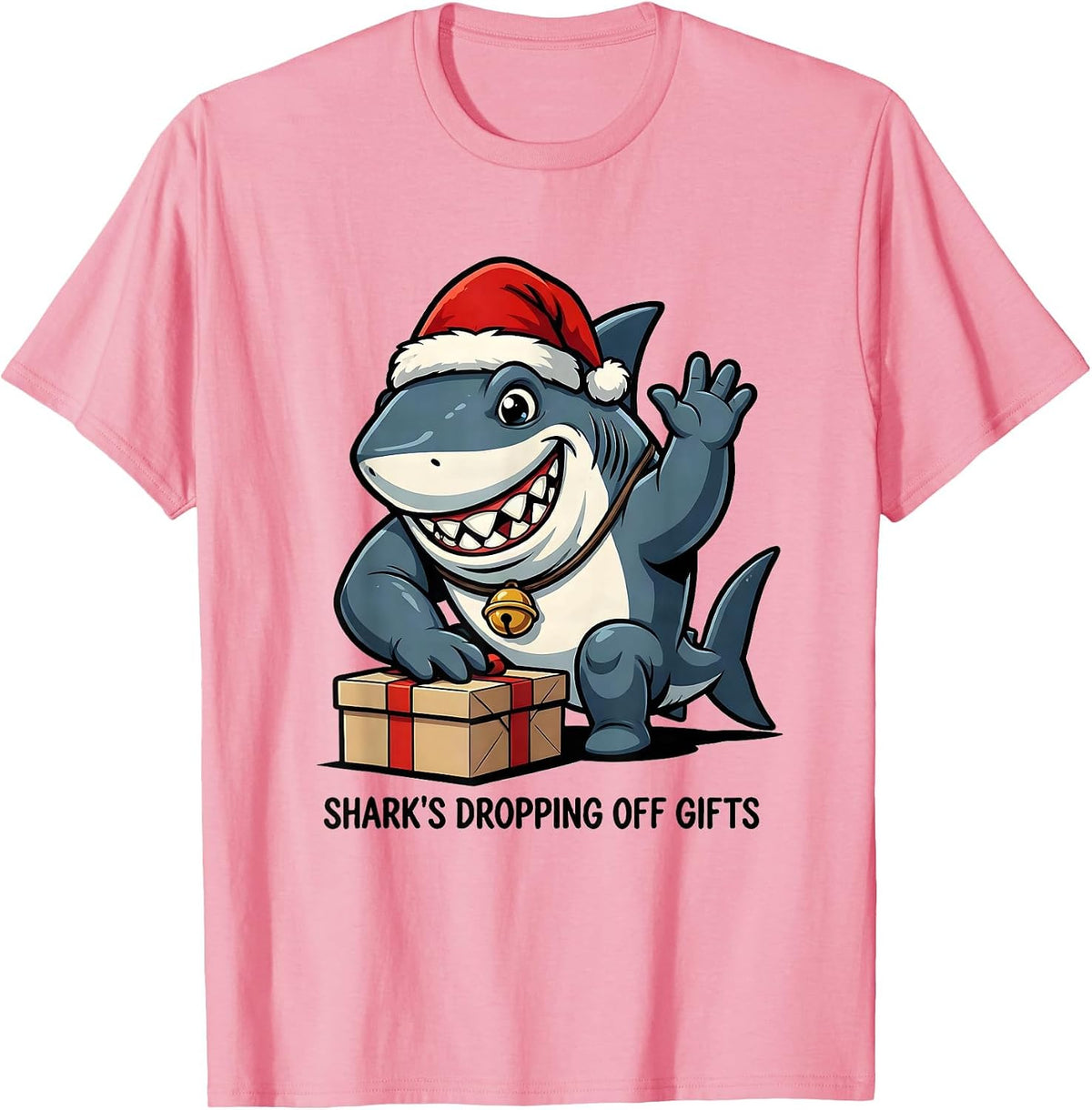 Men's Shark's Dropping Off Gifts Cartoon Shark Lover Christmas T-Shirt - Pink