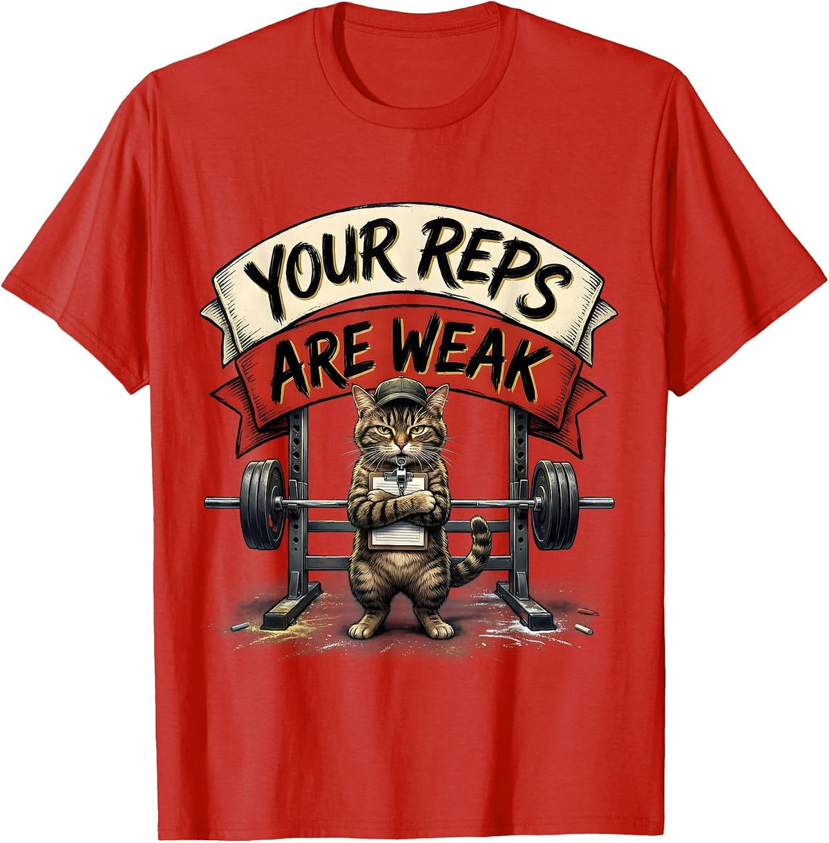 Men's Your Reps Are Weak Funny Gym Workout Cat Weightlifting Humor T-Shirt - Red