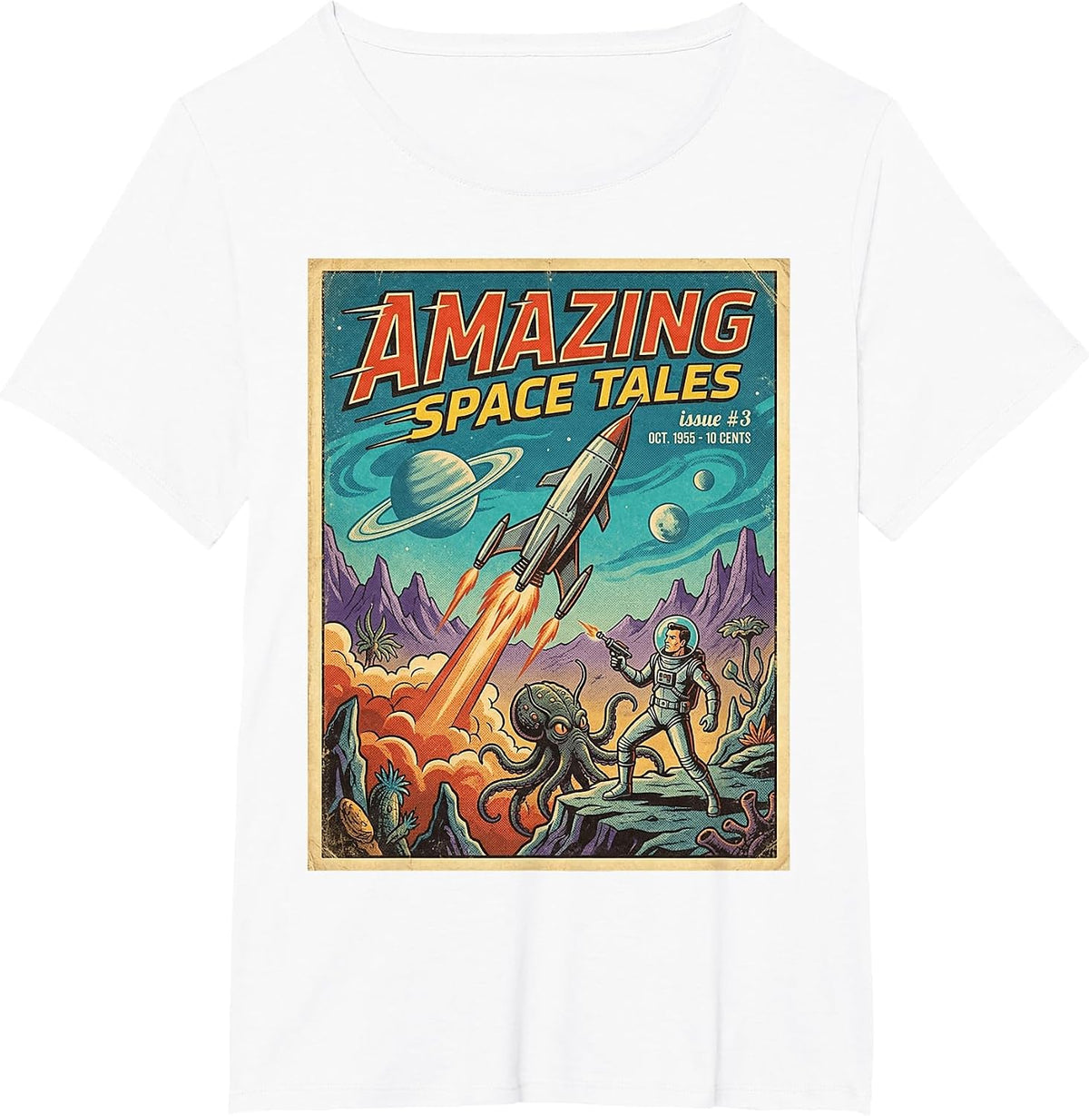 Vintage Sci-Fi Magazine Cover Amazing Space Tales Retro T-Shirt - White