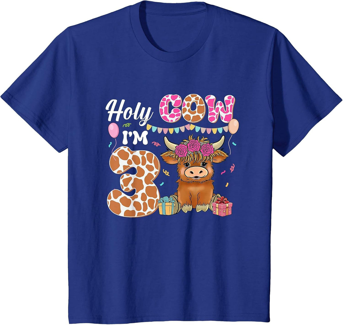 Holy Cow I'm 3 Highland Cow Farming 3rd Birthday 3 Years Old T-Shirt - Royal Blue
