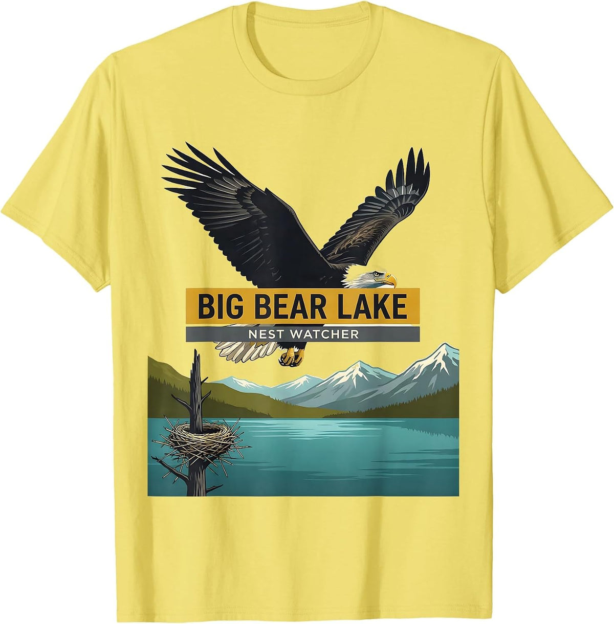 Men's Big Bear Lake Nest Watcher Midcentury Modern Bald Eagle T-Shirt - Lemon Yellow