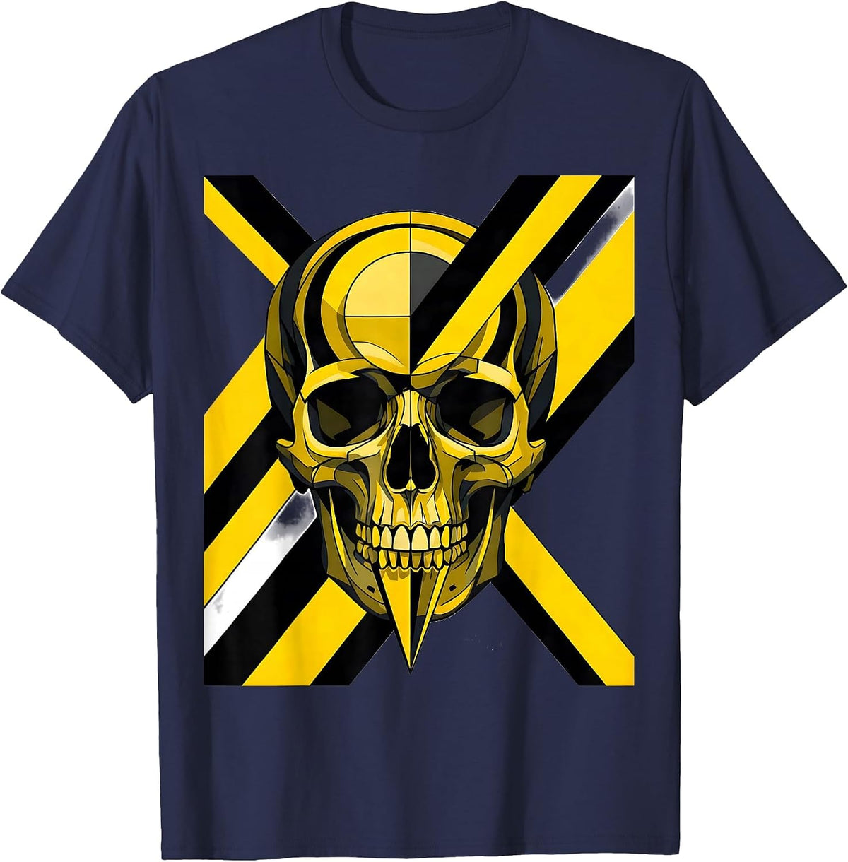 Black and Yellow Skull Construction Warning Tape T-Shirt - Navy Blue