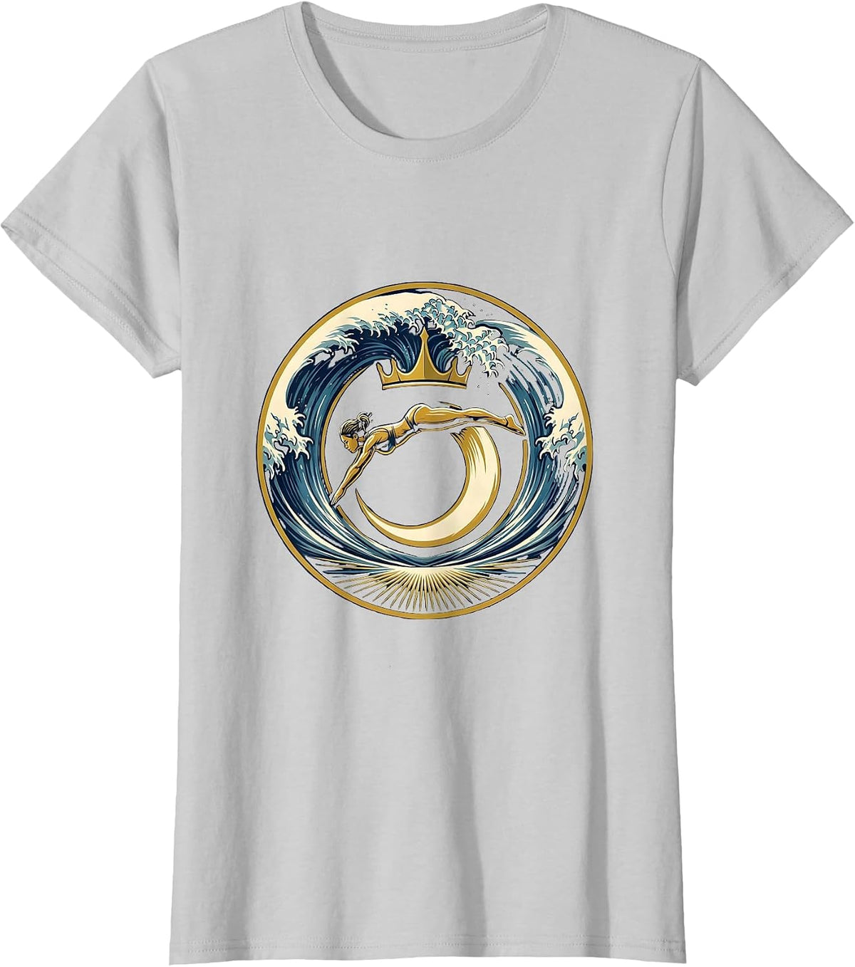 Athlete Diving Into Ocean Wave Illustration T-Shirt - Silver Grey