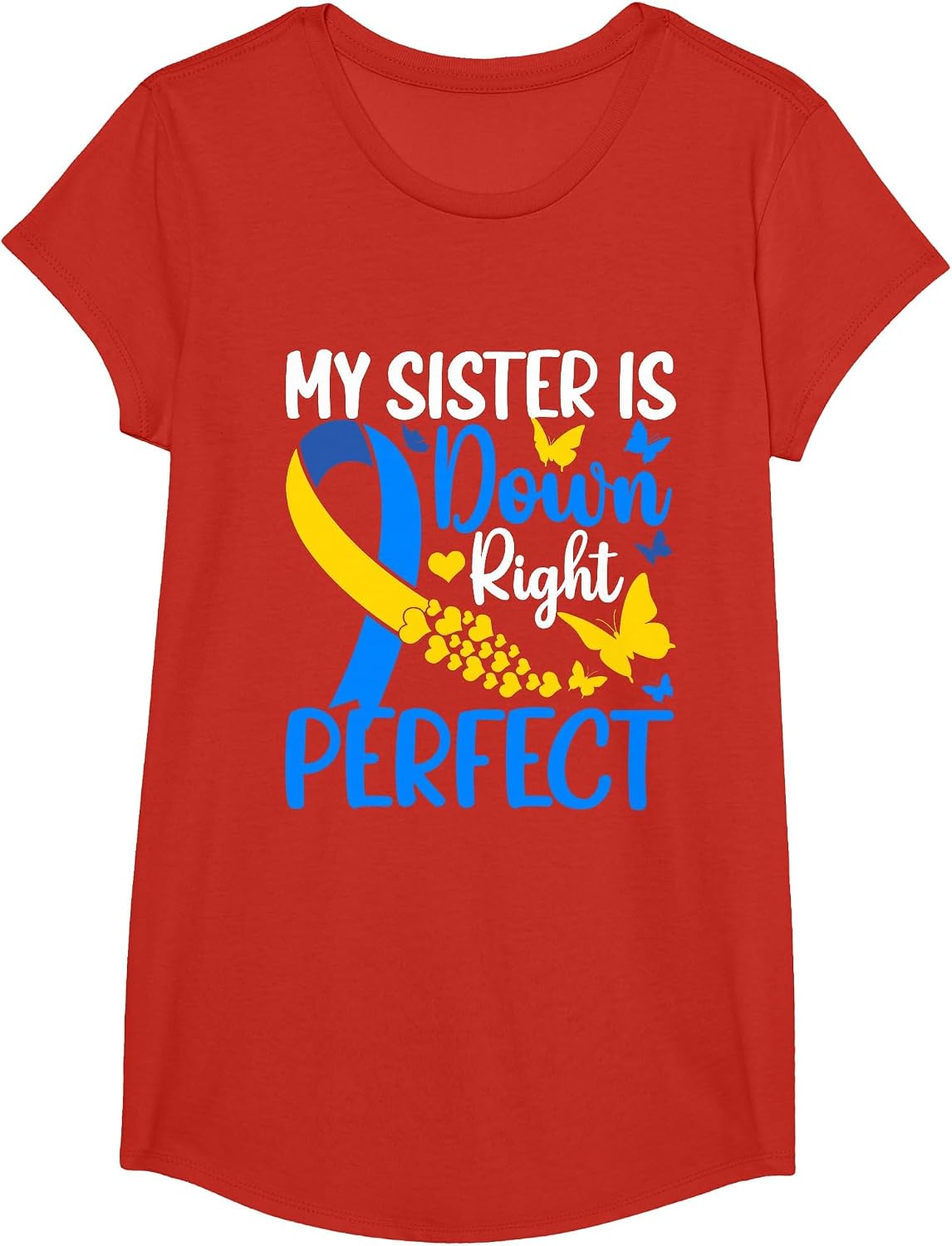 T21 Sister Down Syndrome Awareness Butterfly Sibling T-Shirt - Girls Red