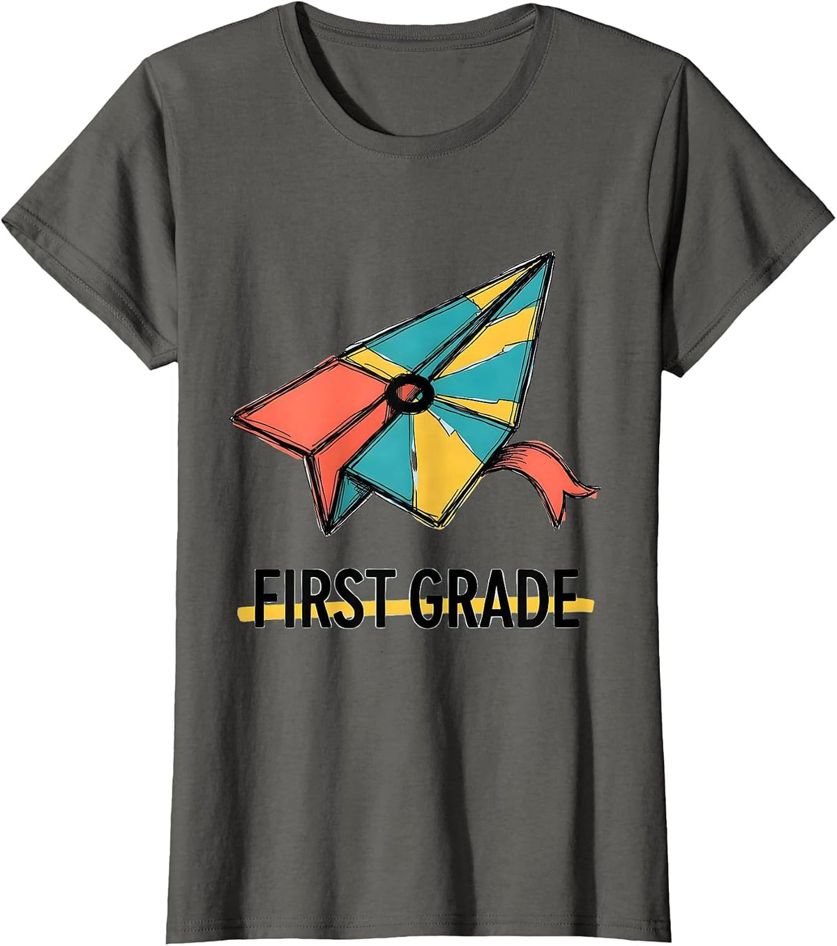 Women's First Grade Cute Preppy Back To School Pennant Flag Girl T-Shirt - Asphalt Grey