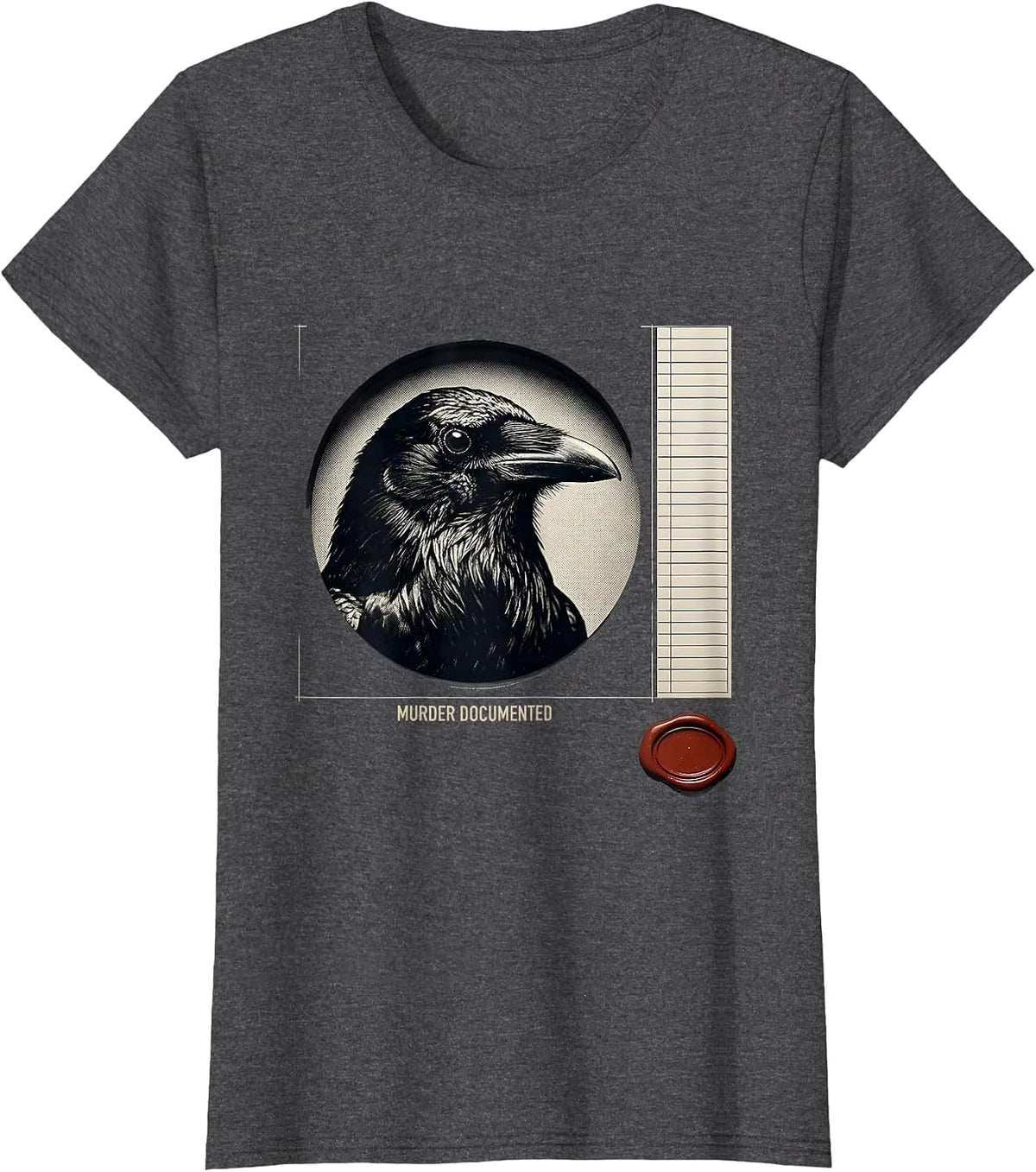 Women's Murder Documented Gothic Raven Crow Humor Literary Pun T-Shirt - Dark Heather Grey