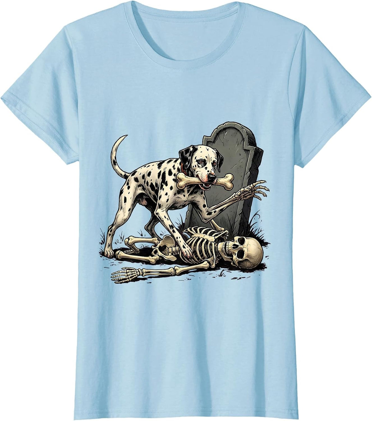 Spotted Dalmatian Chasing Skeleton Funny Dog Mom Halloween T-Shirt - Baby Blue