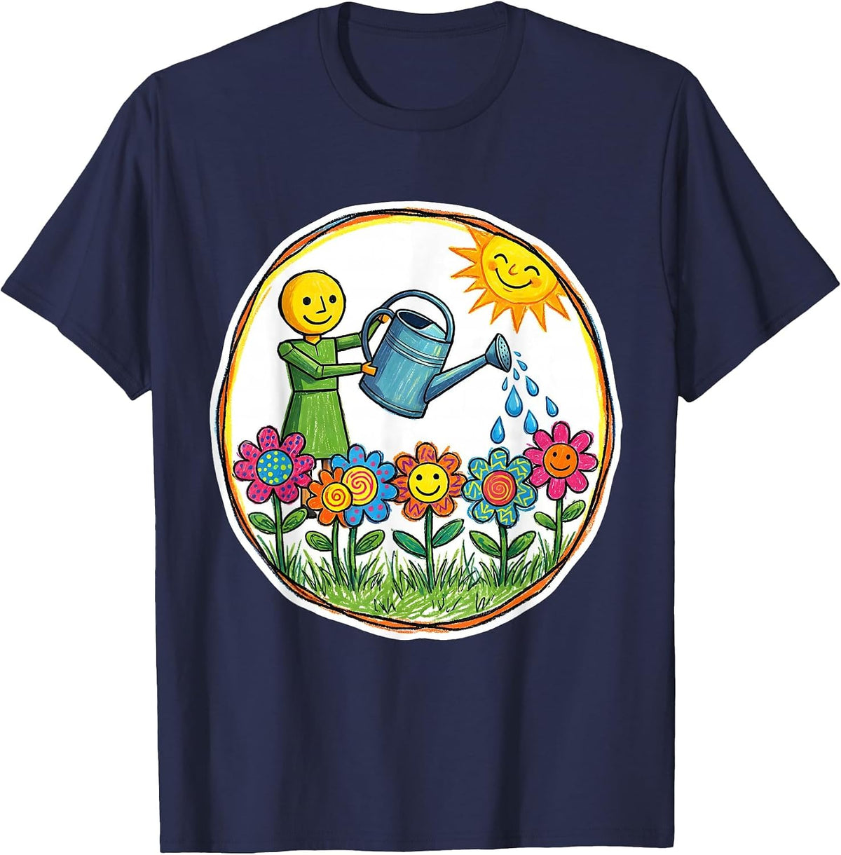 Men's Preschool Teacher Watering Children Flowers Art T-Shirt - Navy Blue