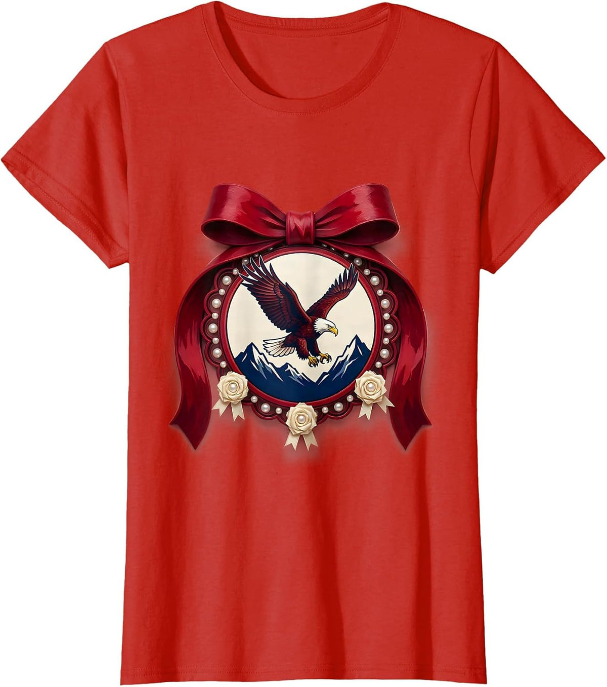 Women's Bald Eagle Soaring Over Mountain Peaks T-Shirt - Red