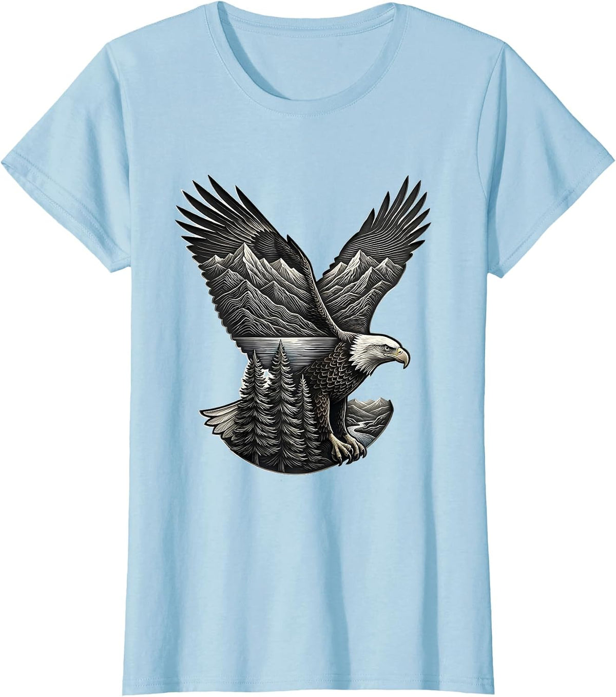 Women's Bald Eagle Flight Mountain Landscape Wildlife Lover T-Shirt - Baby Blue
