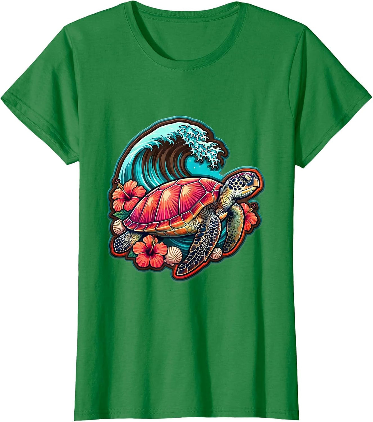 Women's Sea Turtle Under Breaking Wave Surf Design T-Shirt - Kelly Green