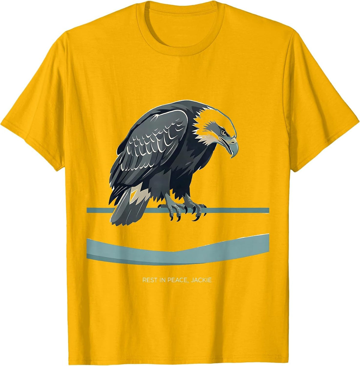 Rest In Peace Jackie Flat Vector Bald Eagle Memorial Tribute T-Shirt - Golden Yellow