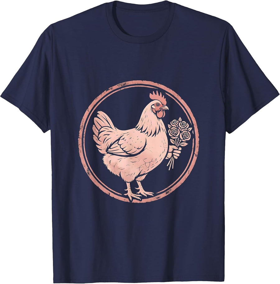 Hen With Rose Bouquet Cute Chicken Lover Gift T-Shirt - Navy Blue