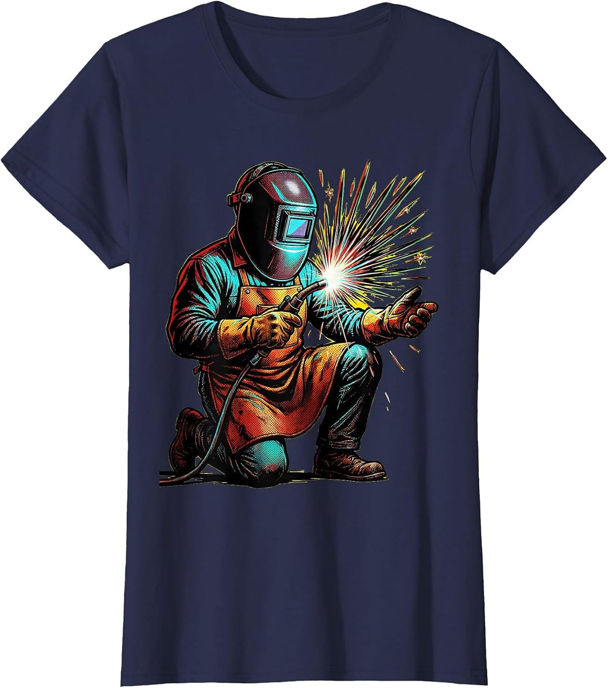 Women's Vintage Welder Kneeling Retro Welding Graphic T-Shirt - Navy Blue