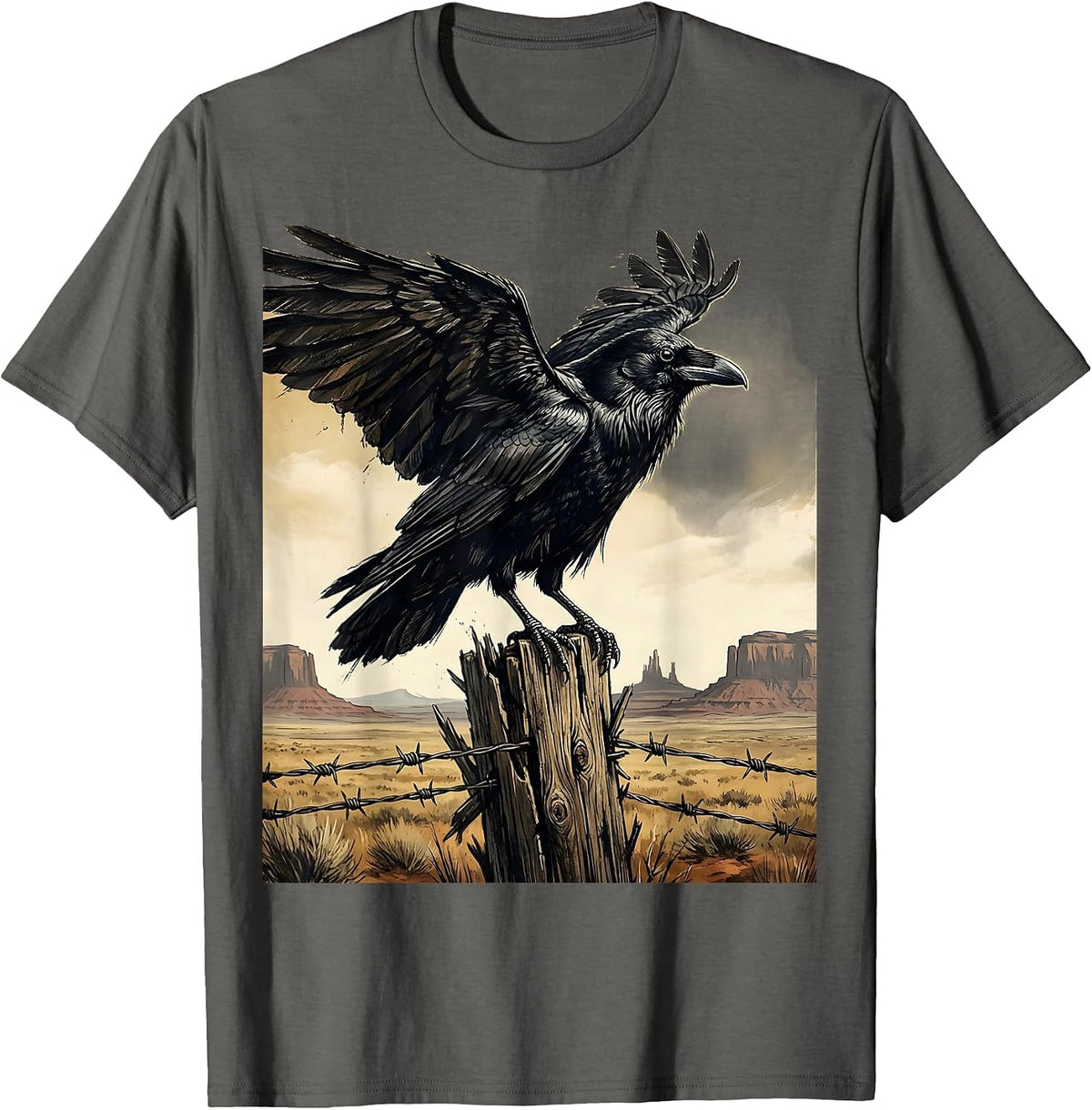 Raven on Fence Post Cowboy Western Design T-Shirt - Asphalt Grey