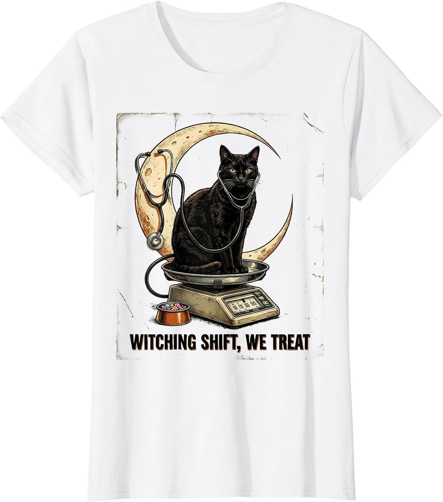 Women's Witching Shift We Treat Vintage Funny Vet Tech Halloween T-Shirt - White