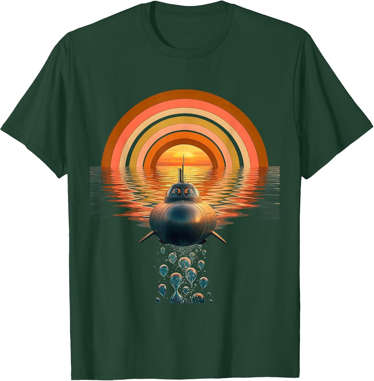 Two-Seat Submarine Diving Ocean Waves Graphic T-Shirt - Dark Green