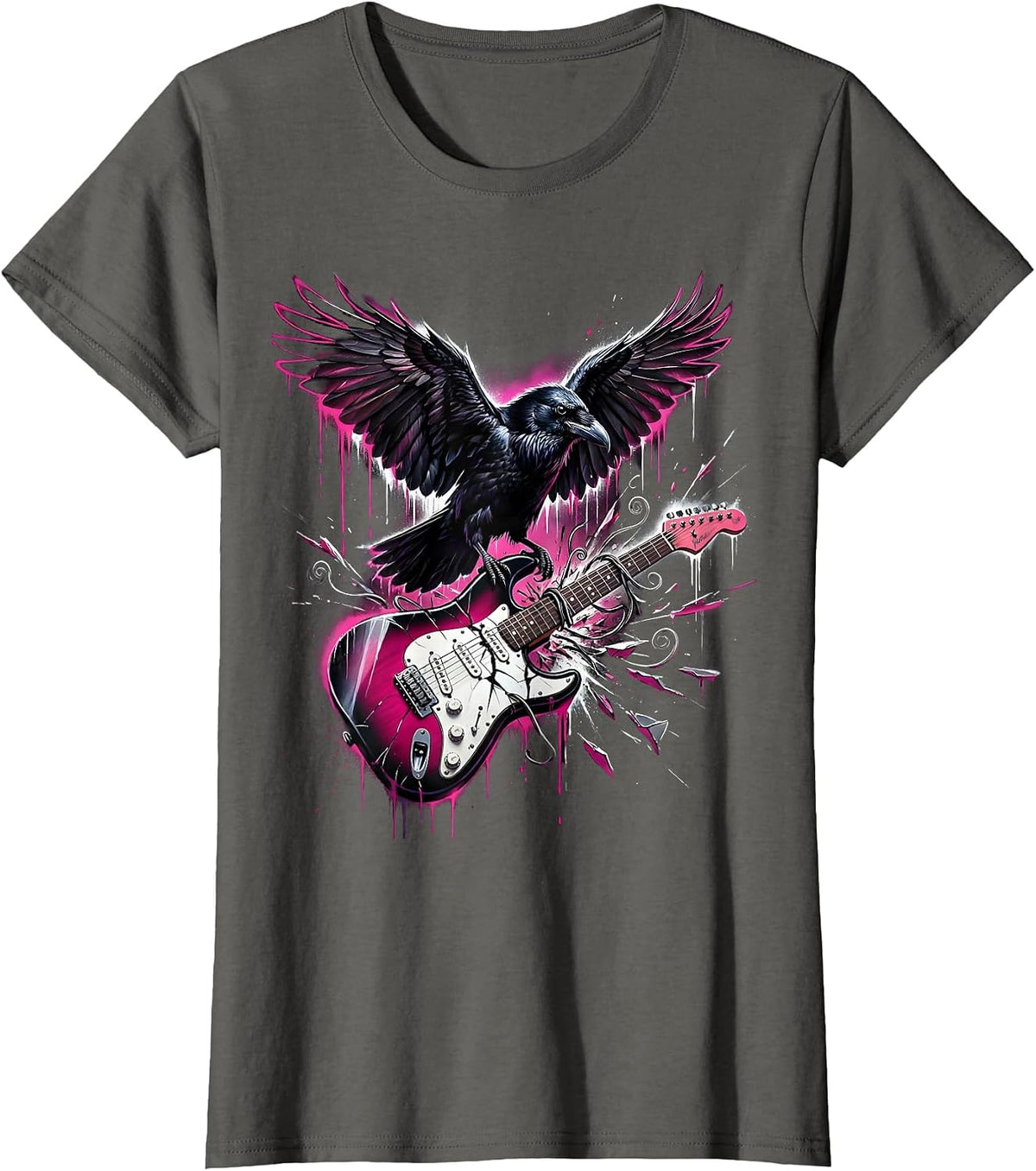 Women's Raven on Broken Guitar Strings Rock Art Design T-Shirt - Asphalt Grey