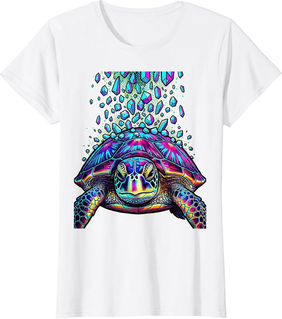 Women's Sea Turtle Salty Ocean Salt Crystal Graphic T-Shirt - White