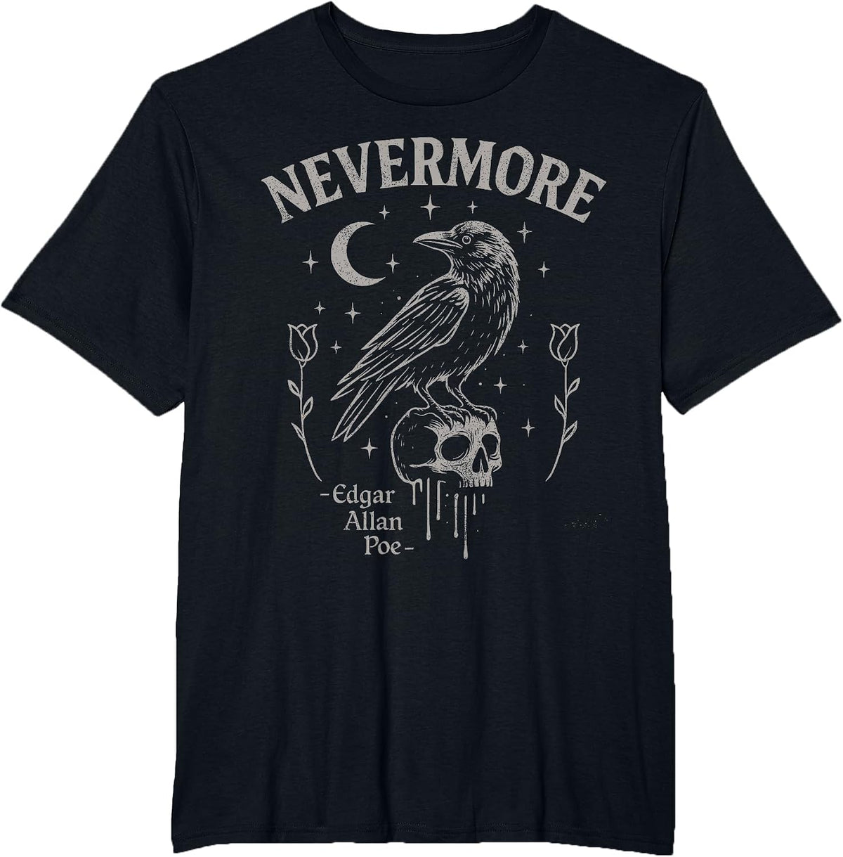 Nevermore Raven Skull Art, Gothic Edgar Allan Poe T-Shirt - Black