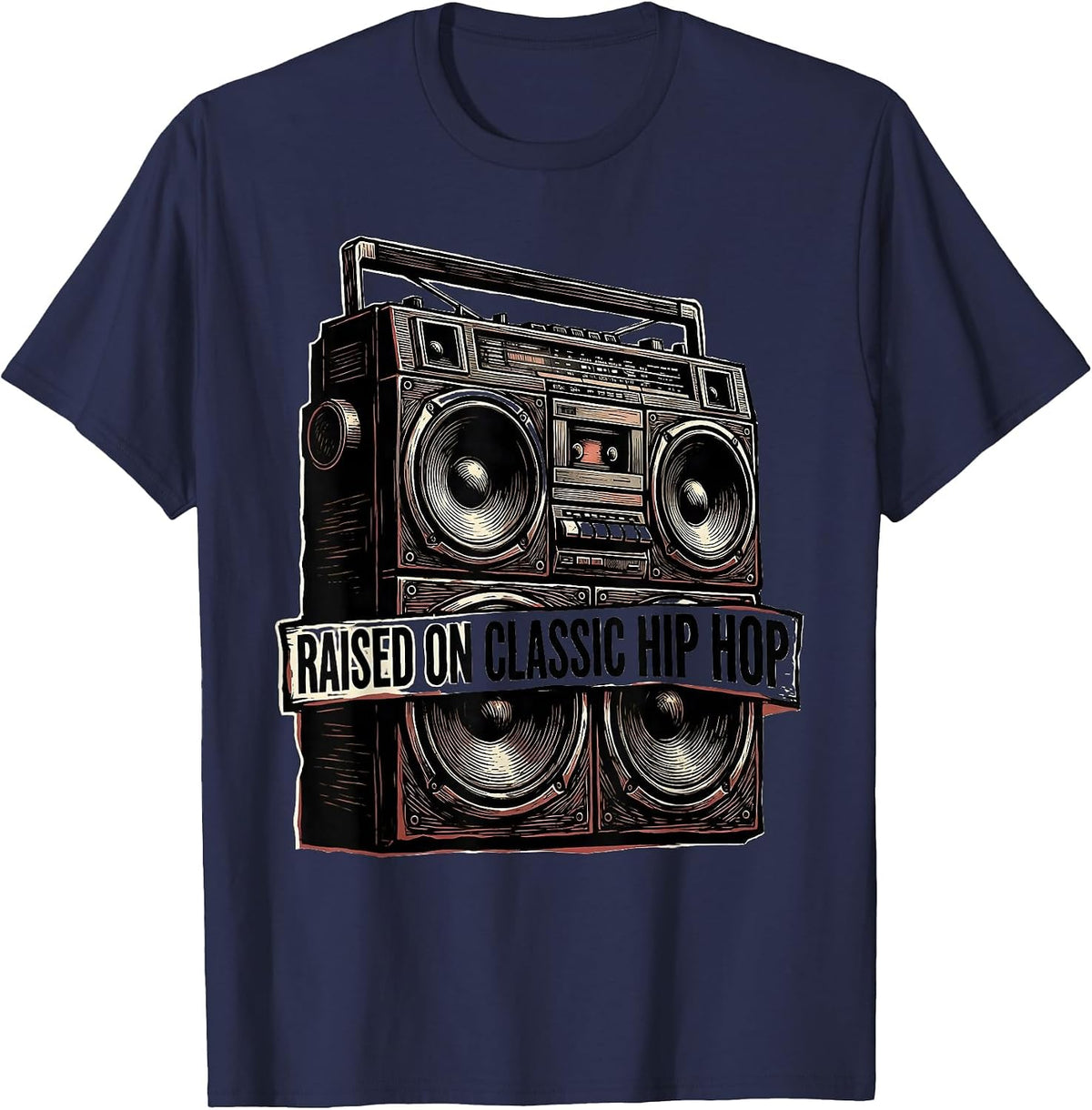 Raised On Classic Hip Hop Linocut Retro Cassette Nostalgia T-Shirt - Navy Blue