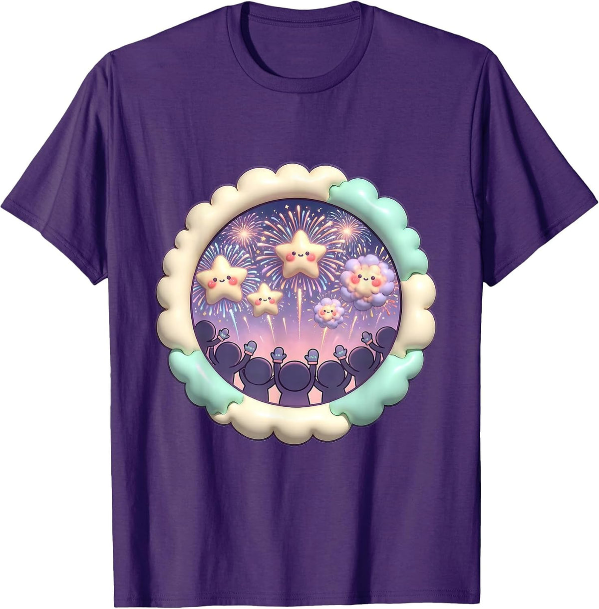 Crowd Silhouette Fireworks Cheer Celebration T-Shirt - Purple