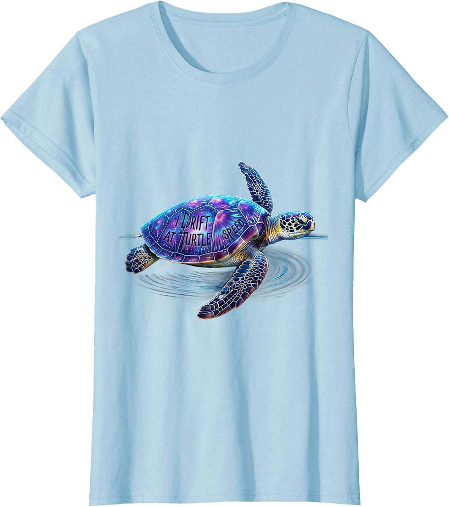 Women's I Drift At Turtle Speed Cosmic Sea Turtle Ocean Animal Lover T-Shirt - Baby Blue